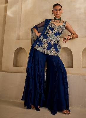 Navy blue embroidered georgette kurta set 1