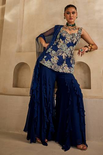Navy blue embroidered georgette kurta set