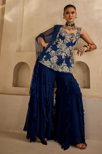 Navy blue embroidered georgette kurta set