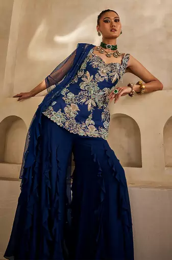 Navy blue embroidered georgette kurta set