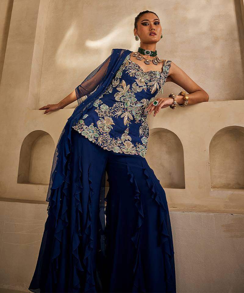 Navy blue embroidered georgette kurta set