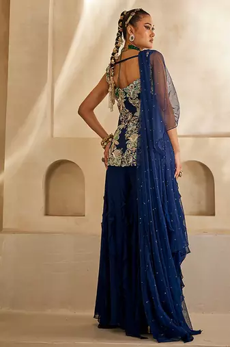 Navy blue embroidered georgette kurta set