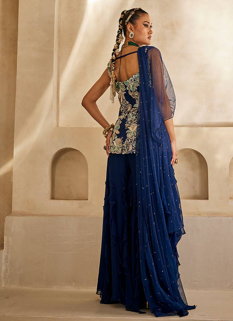 Navy blue embroidered georgette kurta set