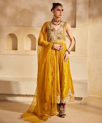 Mustard yellow embroidered silk organza anarkali set 1