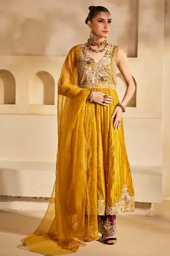Mustard yellow embroidered silk organza anarkali set