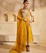 Mustard yellow embroidered silk organza anarkali set