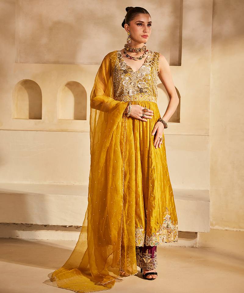 Mustard yellow embroidered silk organza anarkali set
