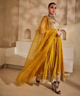 Mustard yellow embroidered silk organza anarkali set 2