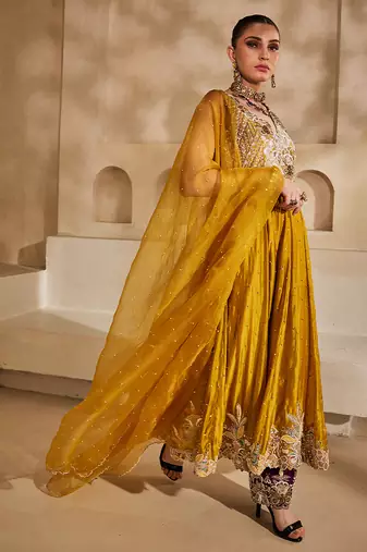 Mustard yellow embroidered silk organza anarkali set