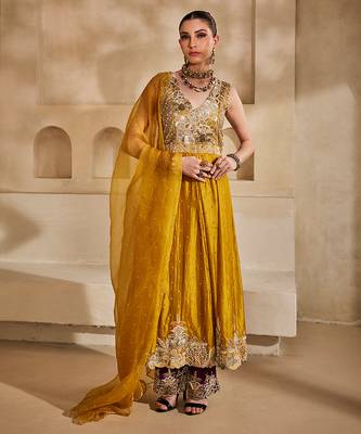 Mustard yellow embroidered silk organza anarkali set 3