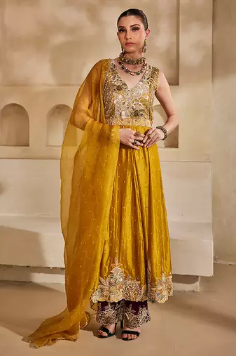 Mustard yellow embroidered silk organza anarkali set