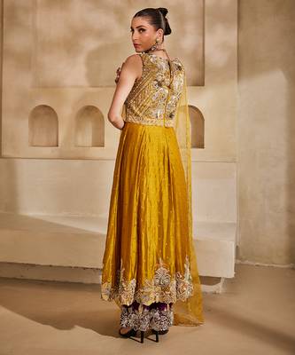 Mustard yellow embroidered silk organza anarkali set 4
