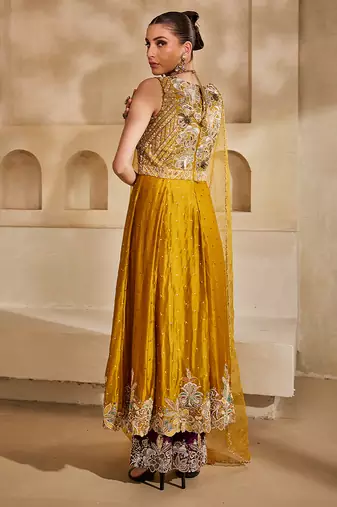 Mustard yellow embroidered silk organza anarkali set