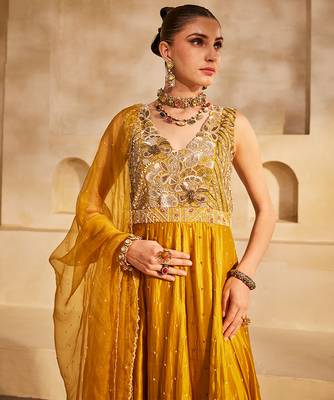 Mustard yellow embroidered silk organza anarkali set 5
