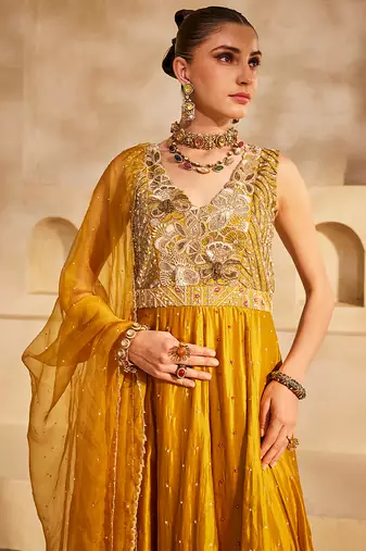 Mustard yellow embroidered silk organza anarkali set