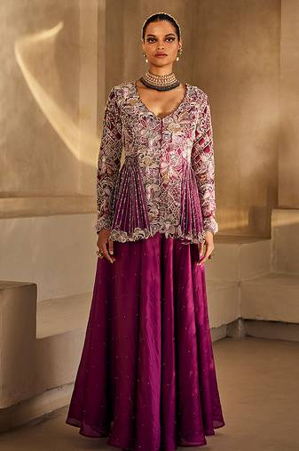 Deep magenta embroidered raw silk co ord set