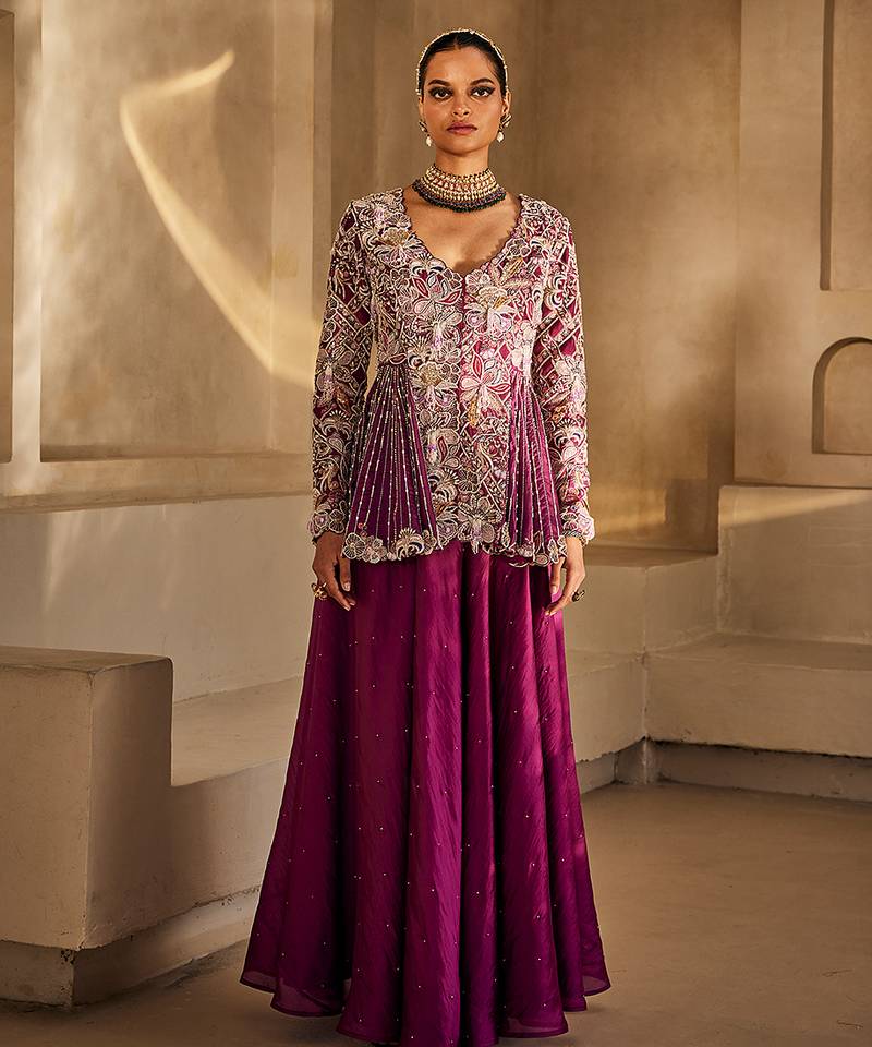 Deep magenta embroidered raw silk co ord set
