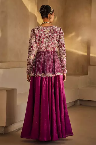 Deep magenta embroidered raw silk co ord set