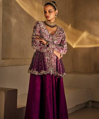 Deep magenta embroidered raw silk co ord set 3