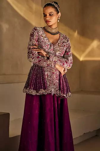 Deep magenta embroidered raw silk co ord set