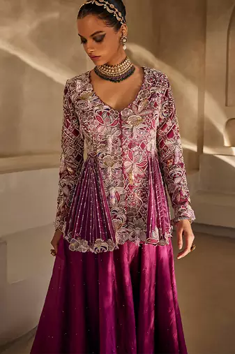 Deep magenta embroidered raw silk co ord set
