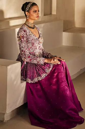 Deep magenta embroidered raw silk co ord set