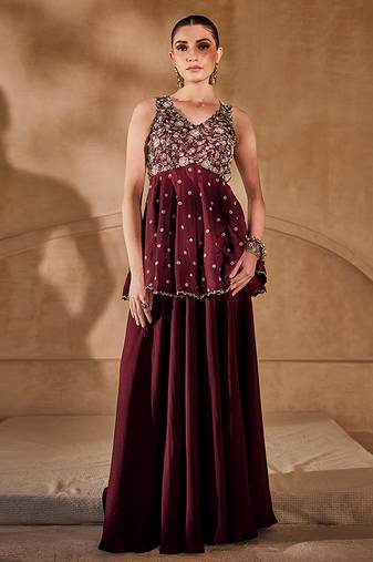 Marsala wine embroidered raw silk co ord set