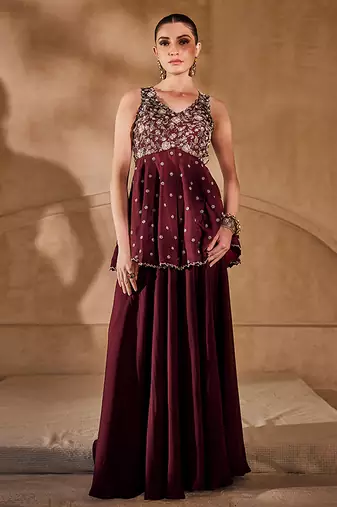 Marsala wine embroidered raw silk co ord set