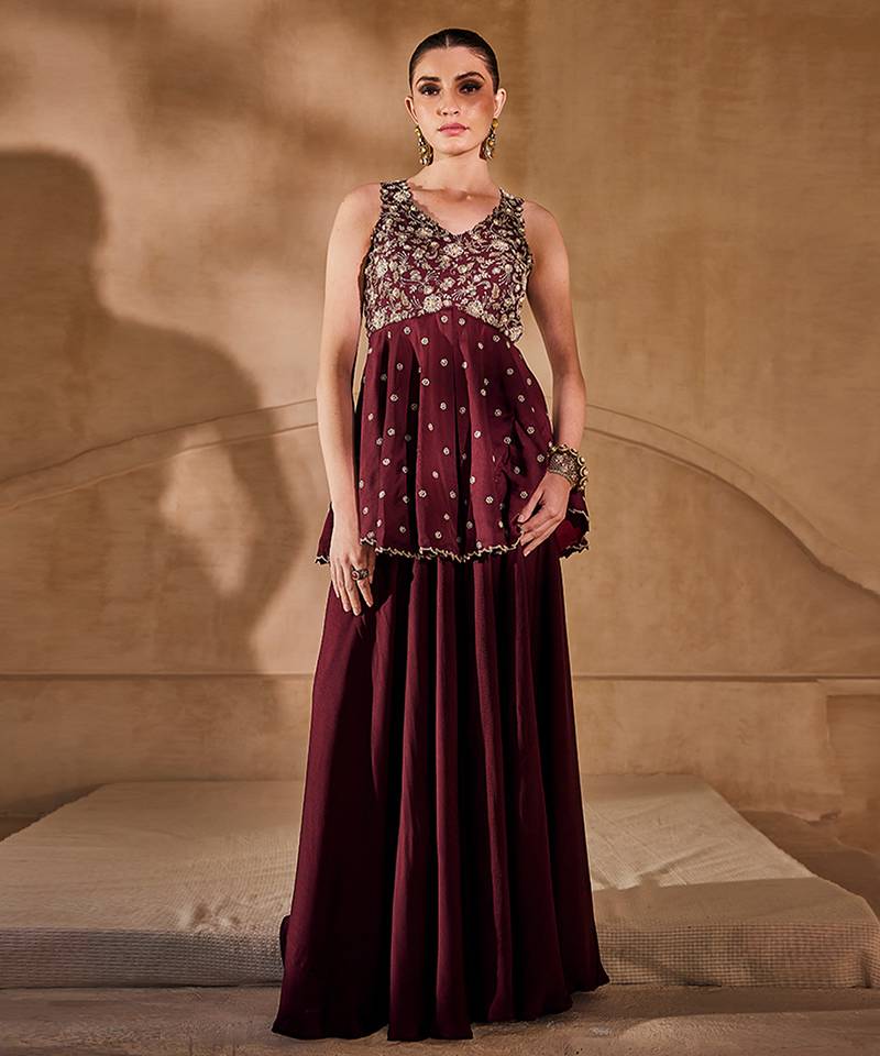 Marsala wine embroidered raw silk co ord set
