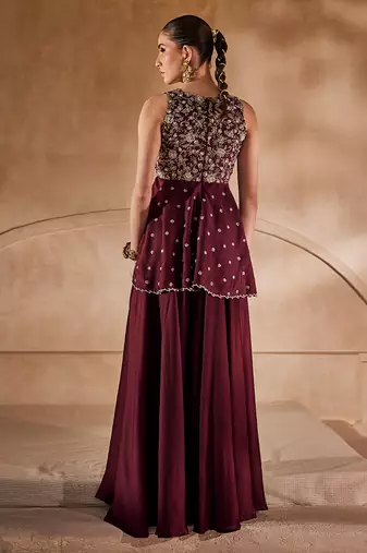 Marsala wine embroidered raw silk co ord set