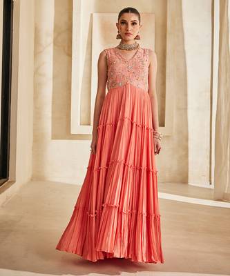 Peach pink embroidered raw silk gown 1
