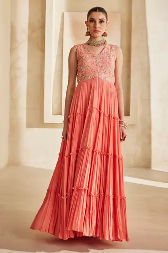 Peach pink embroidered raw silk gown