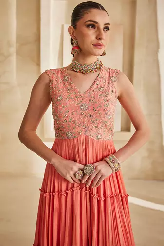 Peach pink embroidered raw silk gown
