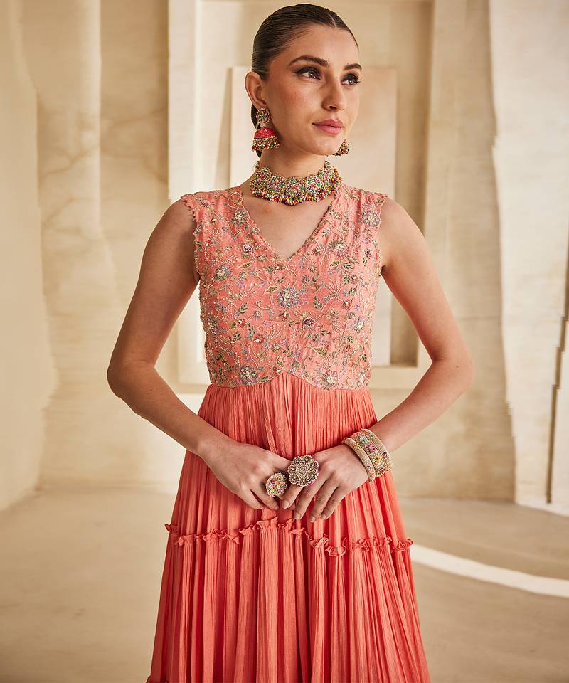 Peach pink embroidered raw silk gown