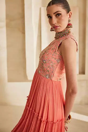 Peach pink embroidered raw silk gown