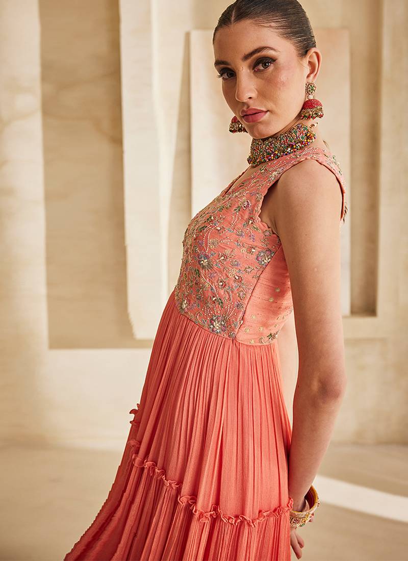 Peach pink embroidered raw silk gown