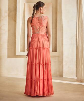Peach pink embroidered raw silk gown 4