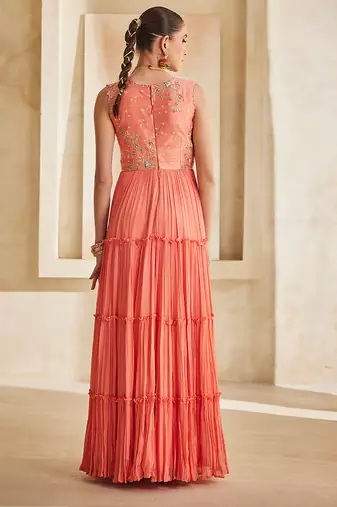 Peach pink embroidered raw silk gown