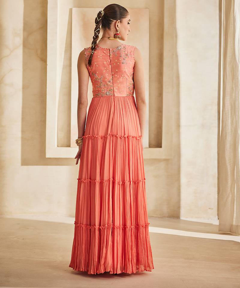 Peach pink embroidered raw silk gown