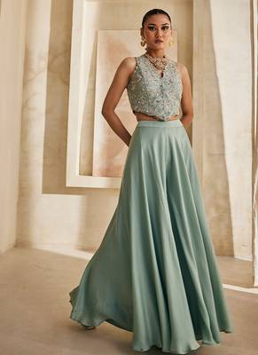 Powder blue embroidered raw silk co ord set 1