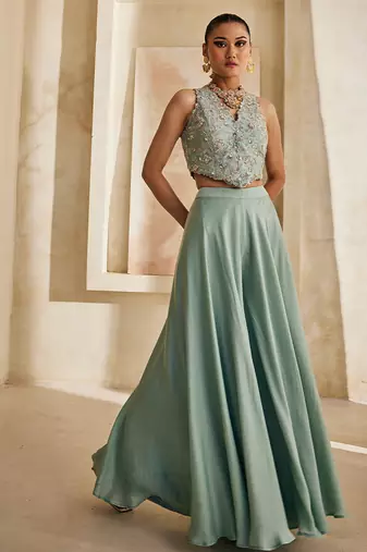 Powder blue embroidered raw silk co ord set