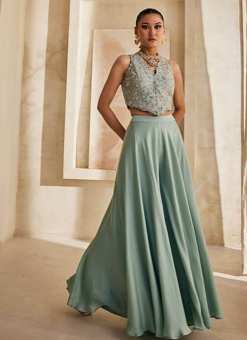 Powder blue embroidered raw silk co ord set