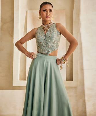 Powder blue embroidered raw silk co ord set 2