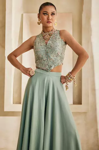 Powder blue embroidered raw silk co ord set