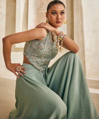 Powder blue embroidered raw silk co ord set 3