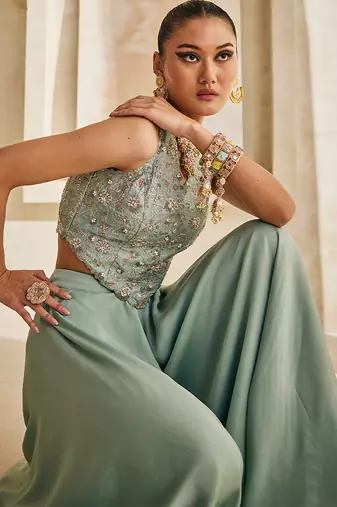 Powder blue embroidered raw silk co ord set