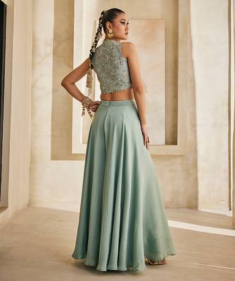 Powder blue embroidered raw silk co ord set 4
