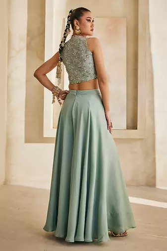 Powder blue embroidered raw silk co ord set