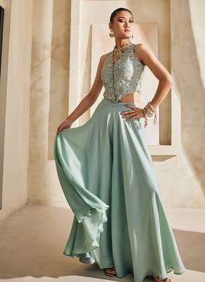 Powder blue embroidered raw silk co ord set 5