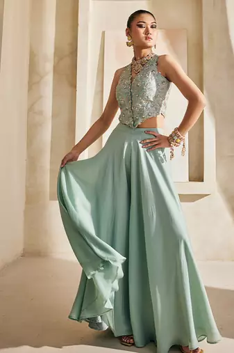Powder blue embroidered raw silk co ord set